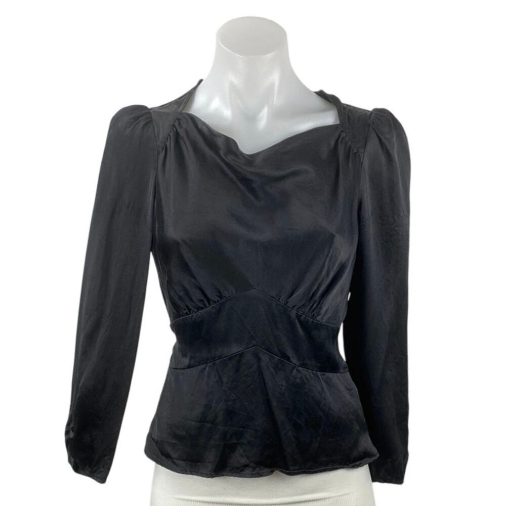 Reformation Roe 100% Silk Black Ruched Boat Neck Long Sleeve Peplum Blouse Top 4
